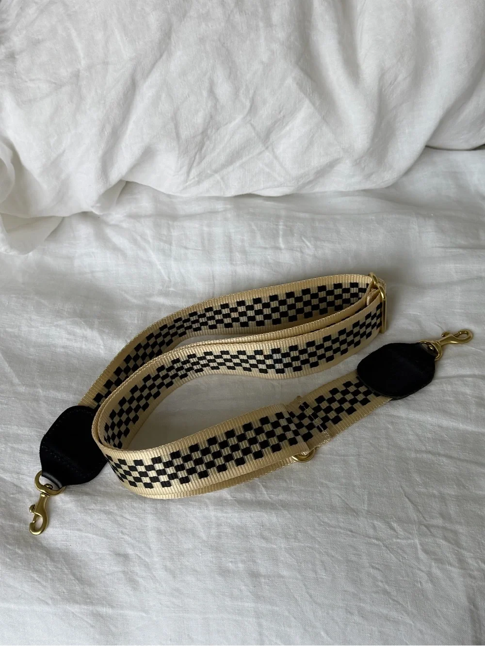 CLARE V Checkered Beige and Black Long Bag Strap